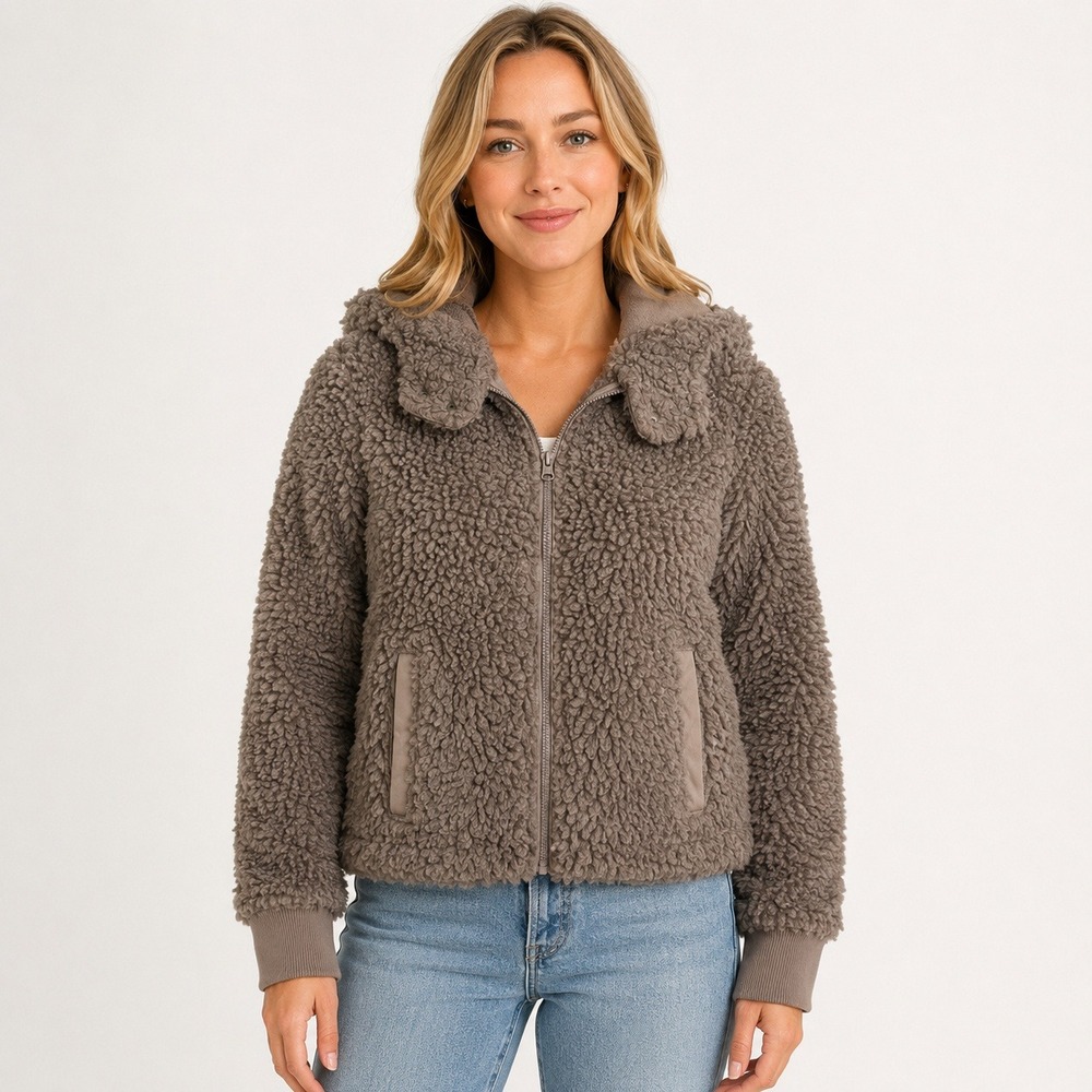 Abercrombie & Fitch Teddy Sherpa Fleece‎ Jacket Womens Small Taupe Hooded Zip